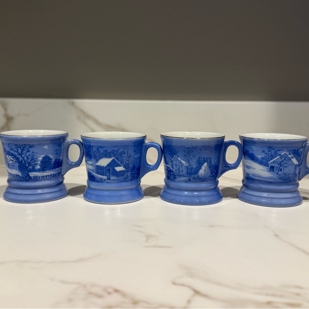 Vintage Currier & Ives Winter Theme Mugs Set (4)